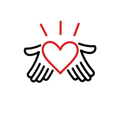giving icon. hand symbol holding a heart. giving a gift. blood donor. liver donor. hands holding heart.
