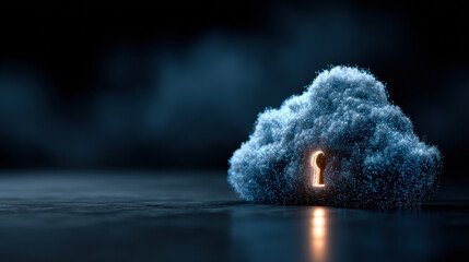 Abstract digital cloud with a glowing keyhole symbolizing secure data access, privacy, and advanced technology. Concept for cloud computing protection solutions.