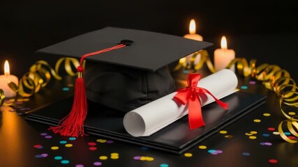 Graduation cap and diploma with candles and confetti - Powered by Adobe