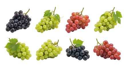 Fresh assorted grapes set including green, red, and black varieties isolated on white background, perfect for healthy eating and cooking projects