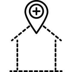 Location Pin Icon Above Dotted House Outline With Plus Symbol Inside Circle Represents Healthcare Or Medical Services At A Specific Place On A Transparent Background Simple Outline Graphic