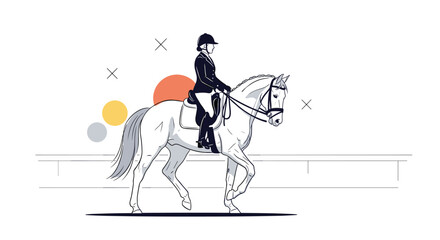 Obraz premium Equestrian rider gracefully riding horse in dressage competition.