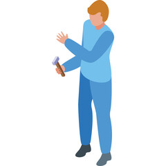 Man Holding Hammer In Light Blue Long Sleeve Shirt And Blue Pants With Gray Shoes Isolated On White Background