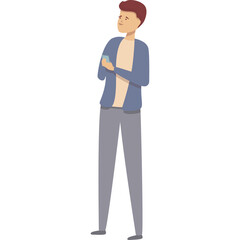 Man In A Blue Cardigan And Tan Shirt Holding A Small Blue Object In Front Of A White Background