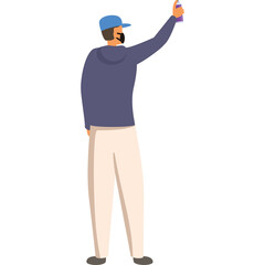 Man in Blue Cap and Hoodie Sprays Purple Aerosol Against White Background