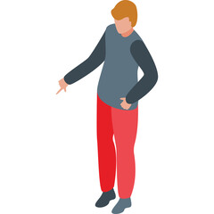 Man In Blue Gray Long Sleeve Shirt and Red Pants Points Downwards Isolated On White Background With Transparent Background