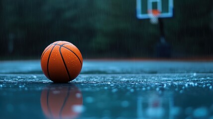 Wet basketball on outdoor court with rain drops and hoop in background, creating calm and moody atmosphere in nature
