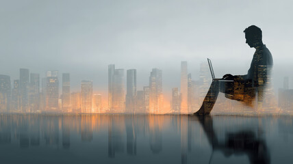 Business concept showing professional working in office with digital cityscape highlighting technology