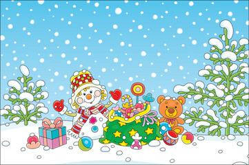 Cute snowman and its bag full of winter holiday gifts with toys and sweets for little kids on a beautiful snowy day, vector cartoon illustration
