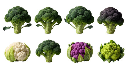 Fresh broccoli, cauliflower, purple cauliflower and Romanesco vegetables isolated on white background, perfect for healthy cooking and recipe content