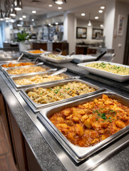 Fototapeta premium Gourmet buffet with assorted pasta dishes in a restaurant setting.