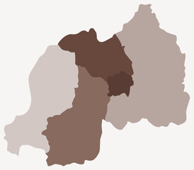 Obraz premium Map of Rwanda with regions. Just a simple country border map with region division. Brown color palette. Plain Republic of Rwanda shape with administrative division. Vector illustration.
