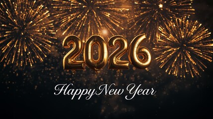 New Year 2026 themed backgrounds and banners,The night was decorated with festive fireworks and balloons in the shape of the number 2026 flying, happy New year 2026 greetings