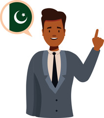 Smiling businessman pointing up and showing pakistan flag in speech bubble, learning pakistani language, pakistani culture
