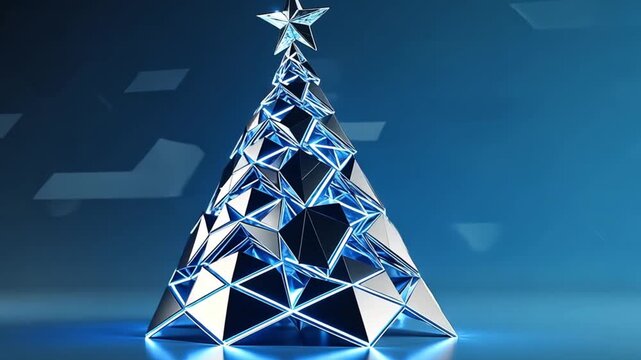 Modern metallic Christmas tree sculpture representing innovation, technology, and winter holidays. Digital art with abstract polygons