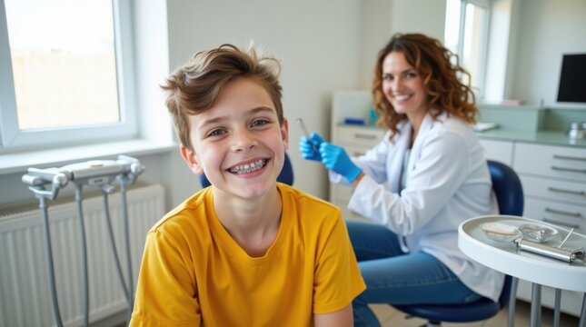 Adolescente con aparatos dentales sonriendo con confianza, sentado en una cl&iacute;nica dental moderna, con el dentista al fondo preparando los instrumentos