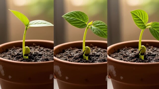 Three Stages of Seedling Growth in a Terracotta Pot Showing Early Development