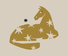 Golden sitting male horse ornate with stars. Modern folk art or naive style