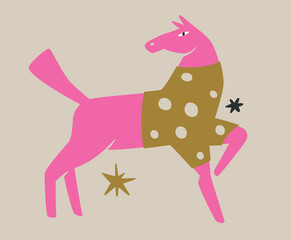Pink horse in a gold polka dot sweater stamping its hoof. Playful abstract animal illustration