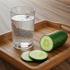 Refreshing glass of sparkling water next to sliced cucumber on a wooden tray, ideal for wellness, detox, and healthy lifestyle themes.
