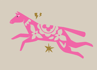 Pink mare decorated with flower ornaments. Modern folk art. Vector illustration