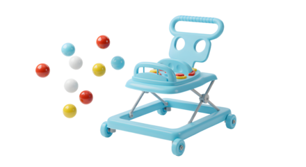 BABY TOYS - Blue baby walker with colorful balls isolated on white background, infant mobility aid and toddler toy, perfect for early childhood development