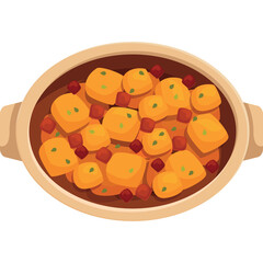 Overhead View Of A Warm Golden Brown Stew In A Ceramic Bowl With Small Red Diced Pieces And Green Garnish