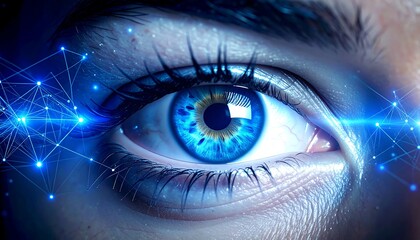 A close-up of a blue eye with interconnected glowing dots resembling neural networks or digital technology
