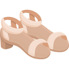 Pair of Cartoon Style Beige Open Toe Low Heel Sandals With Ankle Straps and Flat Soles On A Transparent Background