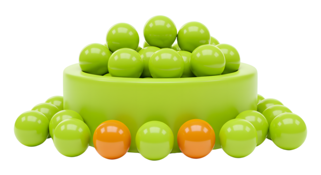BABY TOYS - Green and orange plastic balls in a circular container isolated on white background, perfect for children's play area or sensory activities