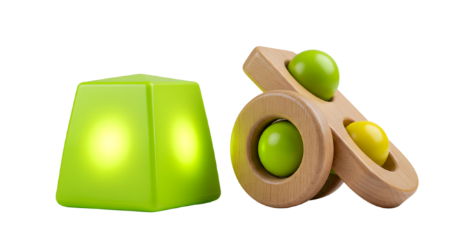 BABY TOYS - Green wooden baby toy with wheels and glowing green cube, toddler educational play objects for motor skill development and sensory exploration