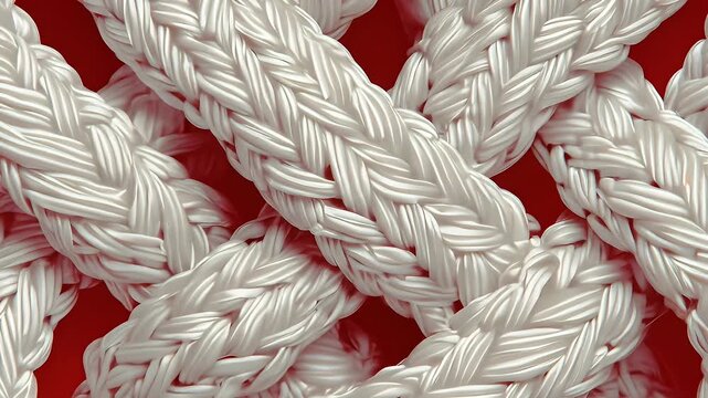 Close-up of intertwined white ropes, textured detail on vibrant red background