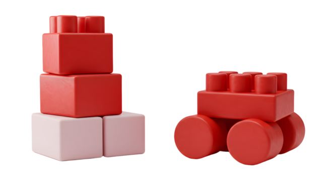 BABY TOYS - Red and white toy building blocks with wheels isolated on white background perfect for educational play