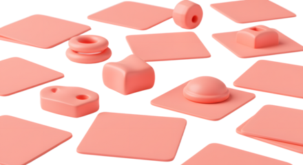 BABY TOYS - Set of various pink silicone molds for baking and cooking on white background, perfect for culinary projects