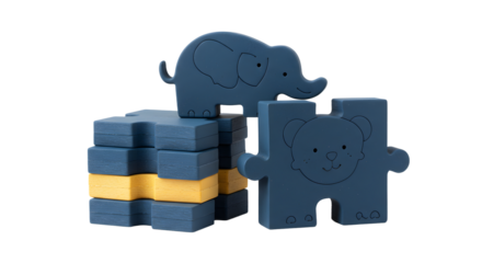 BABY TOYS - Blue animal themed puzzle pieces and blocks with elephant and bear shapes, educational toy for kids and toddlers development