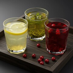 Three glasses of colorful detox drinks with lemon, herbs, and berries served on a wooden tray, perfect for wellness and health themes.