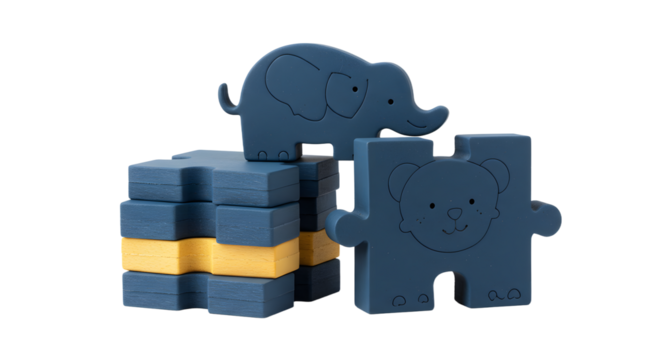 BABY TOYS - Blue animal themed puzzle pieces and blocks with elephant and bear shapes, educational toy for kids and toddlers development