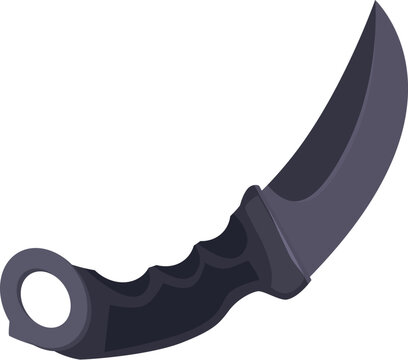 Close up of a karambit knife featuring a black handle and a sharp, curved blade pointing upwards, isolated on a white background