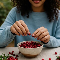 Close-up of woman hands selecting ripe red cranberries from a ceramic bowl, symbolizing natural living, harvesting, and healthy eating.