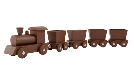 BABY TOYS - Wooden toy train with engine and four open freight cars isolated on white background, perfect for children's playroom decor or educational use