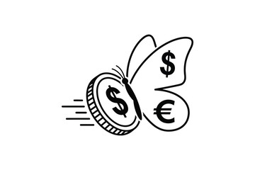 Artistic butterfly shaped like money symbol morphing from coin isolated on white background