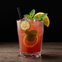 Iced red detox beverage in a clear glass garnished with lemon, cucumber, and mint, set against a dark background for contrast.