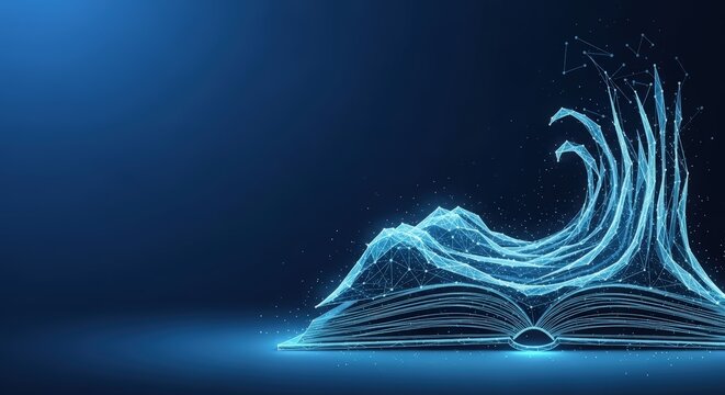 Digital book revealing futuristic mountainous design with glowing data