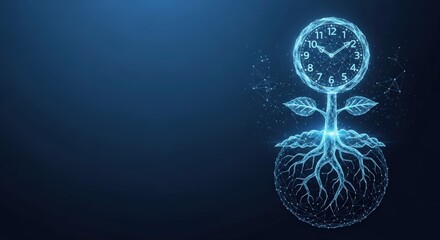 Digital clock plant growing with roots and leaves