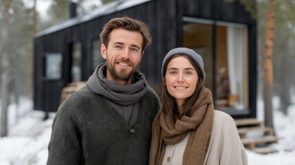 Couple arriving at a modern off-grid cabin surrounded by snow, using mobile app to manage solar heating, symbolizing eco-conscious vacationing, digital sustainability, and nature connection.