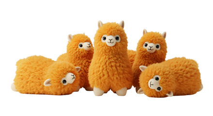 BABY TOYS - Group of five fluffy orange alpaca plush toys with cute faces on white background, perfect for kids room decor and gifts