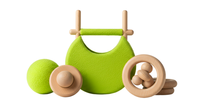 BABY TOYS - Modern wooden and green baby gym soft play set with hanging toys and teether rings, perfect for infant development and sensory play