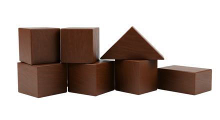 BABY TOYS - Set of brown wooden geometric blocks including cubes and a triangular prism on a black background, perfect for educational projects and design presentations