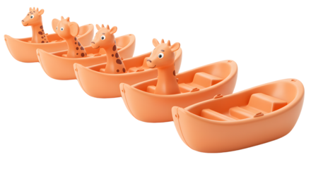 BABY TOYS - Row of orange toy boats with giraffe heads in a diagonal line on white background, playful children's toys perfect for educational or nursery themes