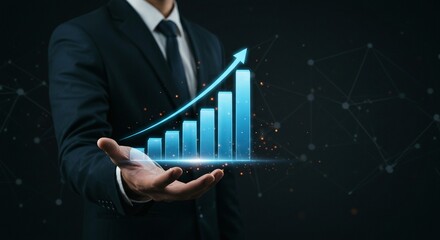Professional hand presenting a glowing blue bar graph with an upward arrow, symbolizing business growth, financial success, data analysis, and technological advancement in a digital future